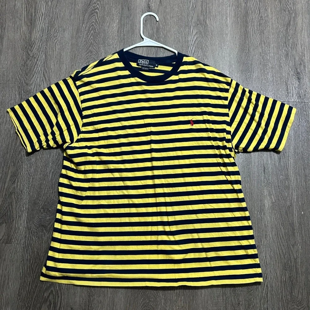 Vintage Polo Ralph Lauren T-Shirt XL Yellow Blue Striped Short Sleeve Cotton